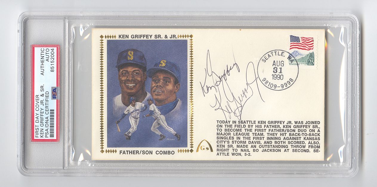 Ken Griffey Jr & Sr Signed AUTO 1990 Gateway Stamp Postal Silk Cachet Mariners PSA/DNA