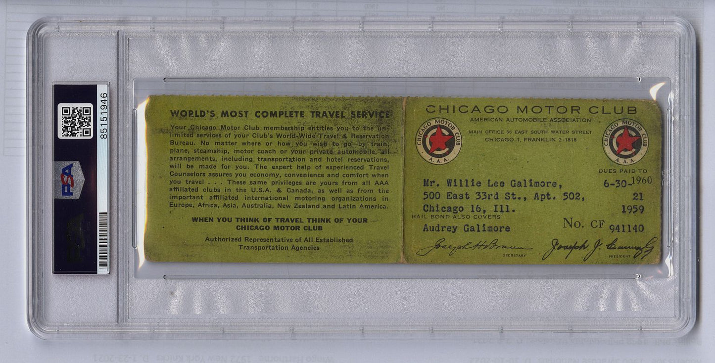 Willie Galimore Signed AUTO Chicago Motor Club AAA Membership Card Chicago Bears College FB HOF PSA/DNA