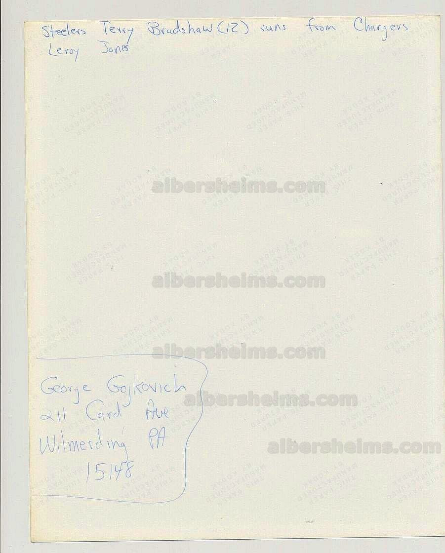 Circa 1976 - 77 Terry Bradshaw Scrambles Away from Chargers Leroy Jones Original TYPE 1 Photo