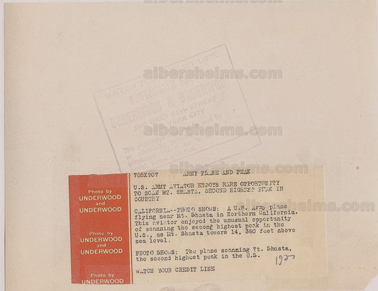 Breathtaking Original 1927 Photo of a U.S. Army Airplane Flying Over Mount Shasta