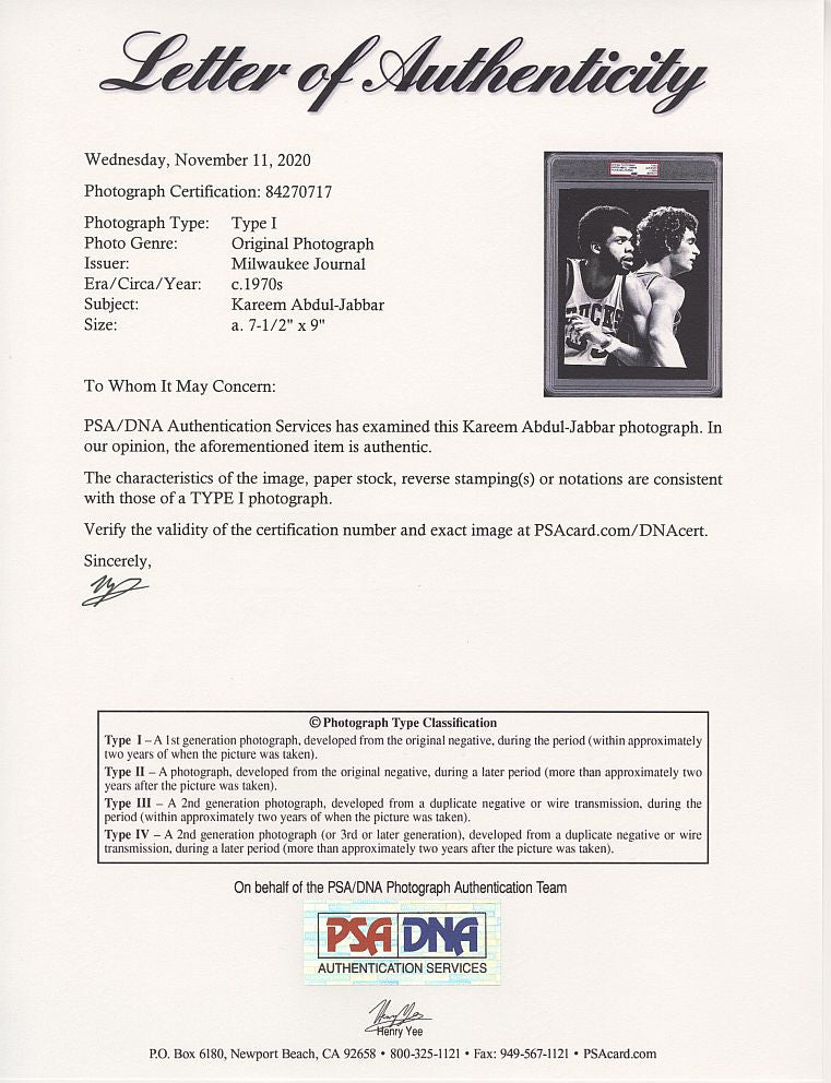 Kareem Abdul Jabbar vs. Dennis Awtrey Circa 1972-74 TYPE 1 Photo PSA/DNA