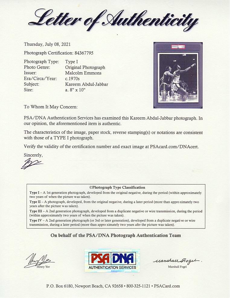 Kareem Abdul Jabbar Early 70's vs Celtics - Hank Finkel - Malcolm Emmons TYPE 1 Original Photo PSA/DNA