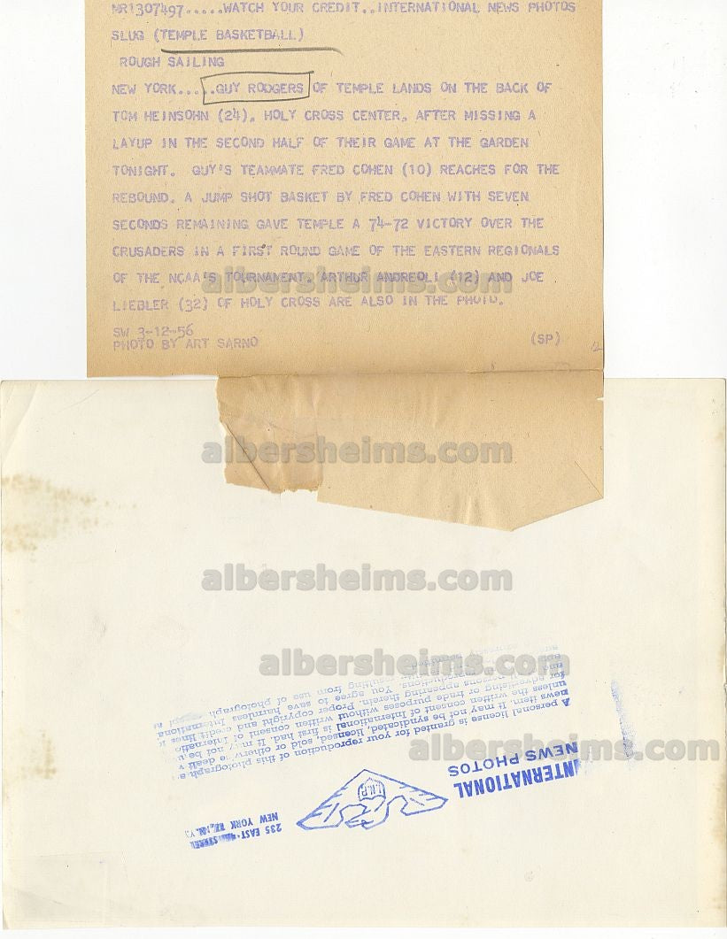 1956 NCAA Tournament Future Basketball HOFers - Guy Rodgers Temple vs. Tom Heinsohn Holy Cross Go Head to Head Original TYPE 1 Photo