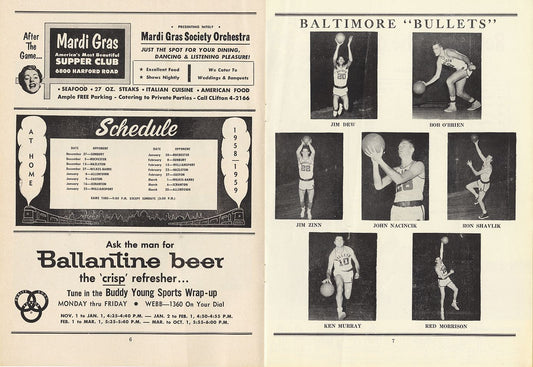 Baltimore Bullets vs. Williamsport Billies February 15, 1959 EPBL Eastern League Basketball Program
