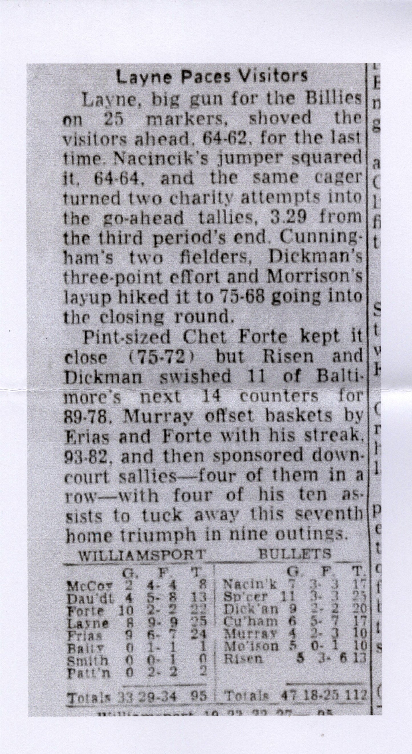 Baltimore Bullets vs. Williamsport Billies February 15, 1959 EPBL Eastern League Basketball Program