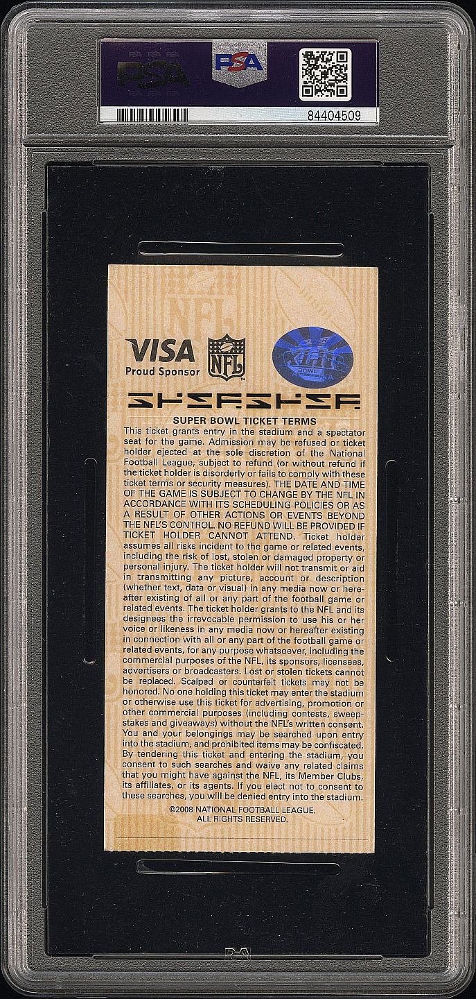 2008 Super Bowl XLII 42 Ticket Stub NY Giants 17 Patriots 14 Gold Eli Manning MVP PSA 6