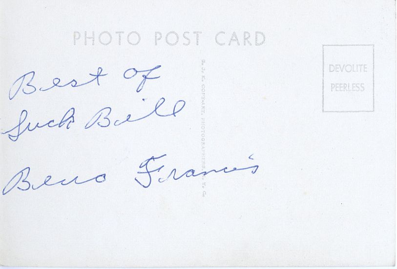 Bevo Francis RIO Grande College Signed AUTO SUPER RARE signed AUTO 1950-56 J.J.K. Copyart Postcard Rookie Card