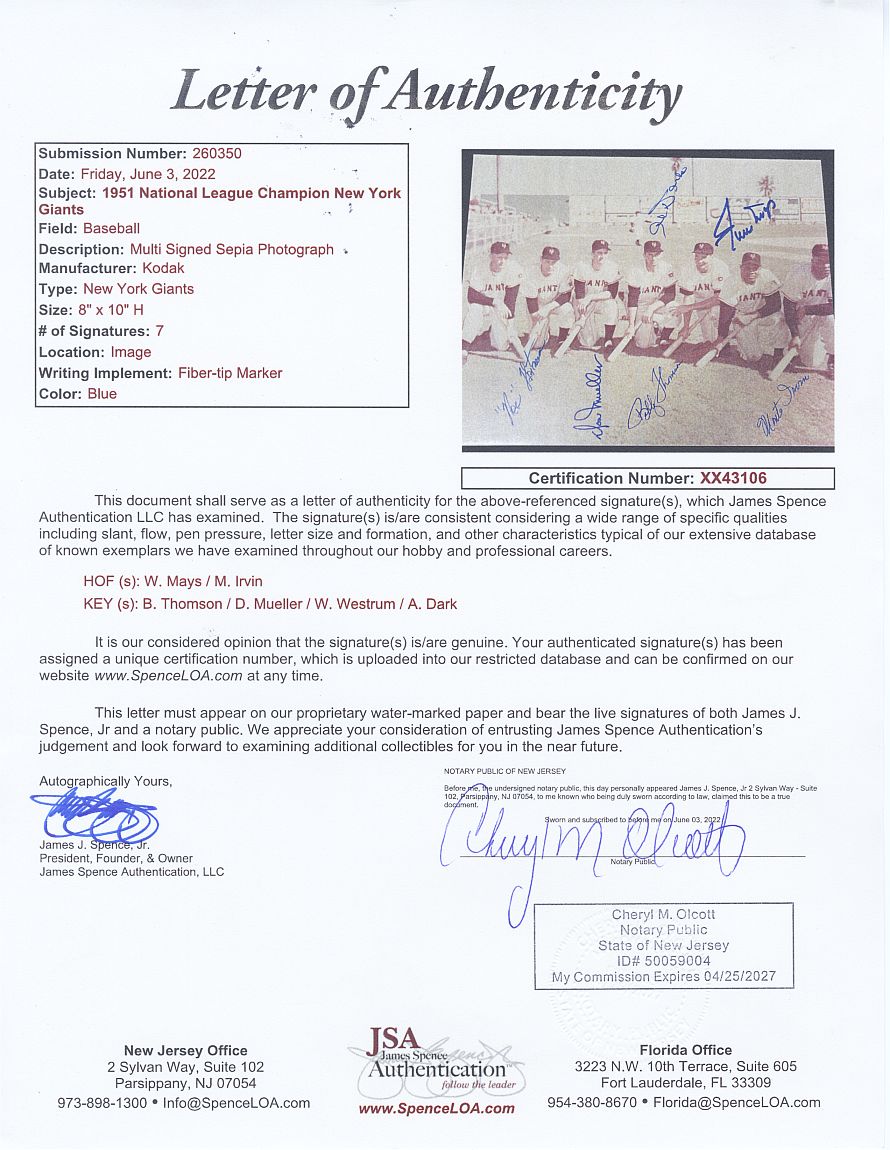 Willie Mays & 1951 NL Champions NY Giants Multi Signed AUTO Photo JSA LOA