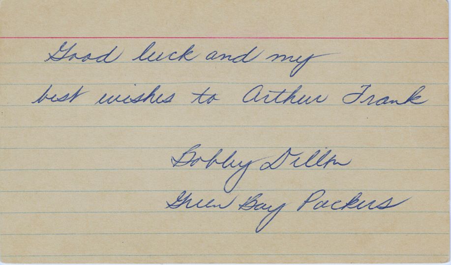 Bobby Dillon Pro Football HOF Packers 1950s Playing Days Signed AUTO 3x5 index card