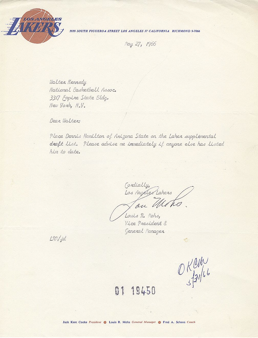 Lou Mohs 1922-24 NFL Player & FIRST L.A. Lakers G.M. Signed Letter D.1967