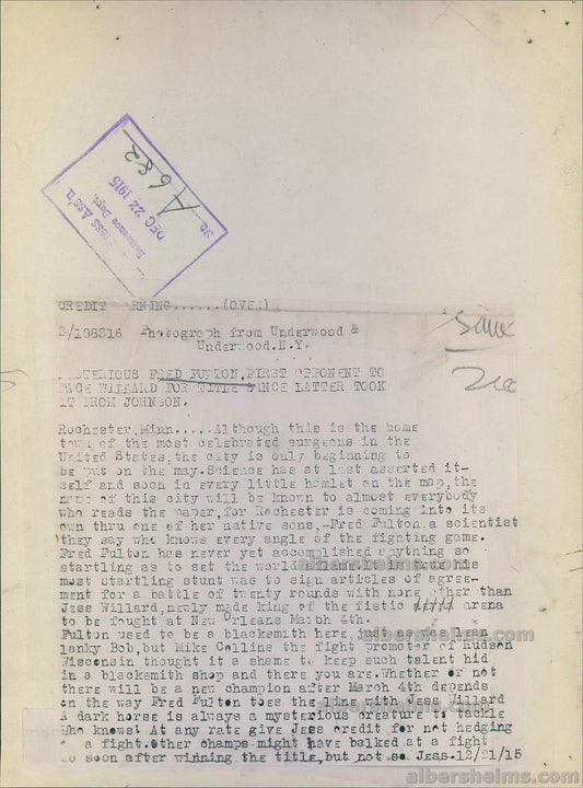 1915 Heavyweight Contender Fred Fulton Set to Fight Jess Willard Original TYPE I Photo