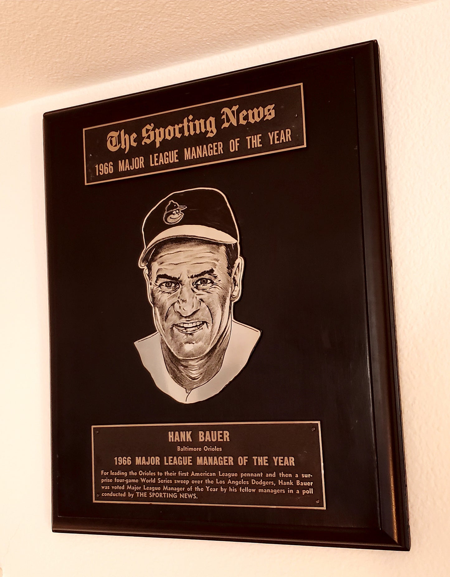 Hank Bauer's Personally Owned 1966 The Sporting News Manager of the Year Award