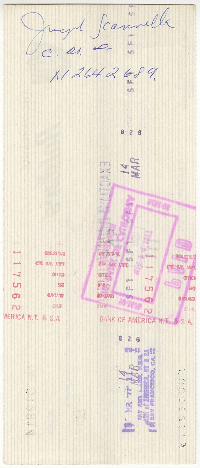 Joseph Joe Scanella Signed AUTO 1977 Oakland Raiders NFL Football payroll Check