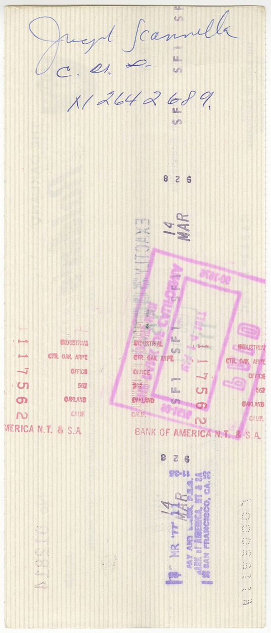 Joseph Joe Scanella Signed AUTO 1977 Oakland Raiders NFL Football payroll Check