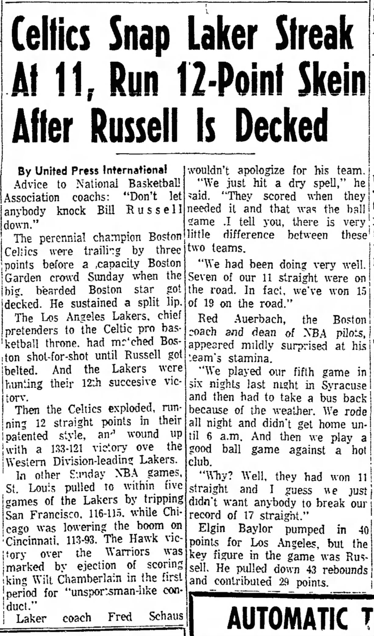 1963 Boston Celtics & LA Lakers 1/20 Ticket Stub Bill Russell 29 Pts & 43 Rebounds PSA POP 1