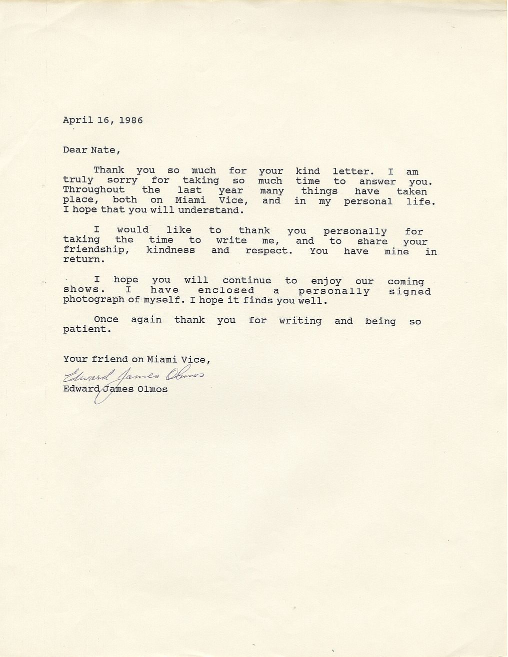 Edward Jame Olmos Signed Letter from 1986 Miami Vice - Blade Run - American Me