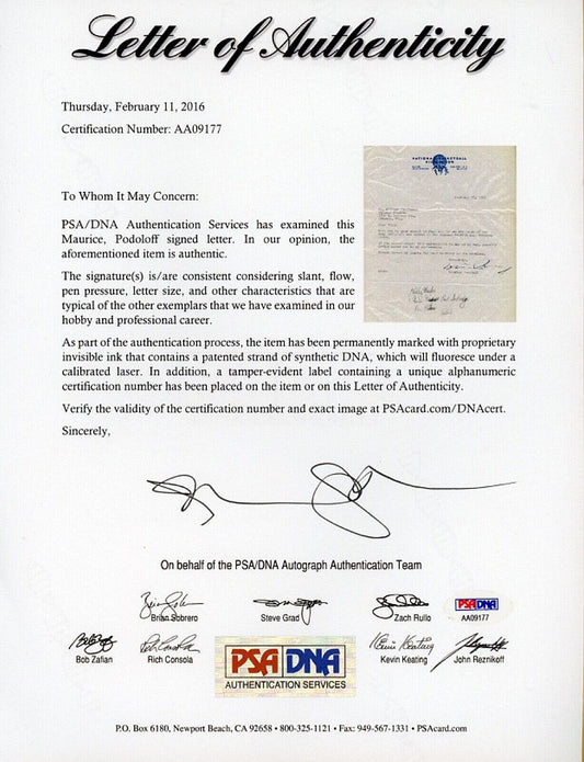 Maurice Podoloff SIGNED AUTO letter 1953 on NBA letterhead Basketball HOF PSA/DNA LOA