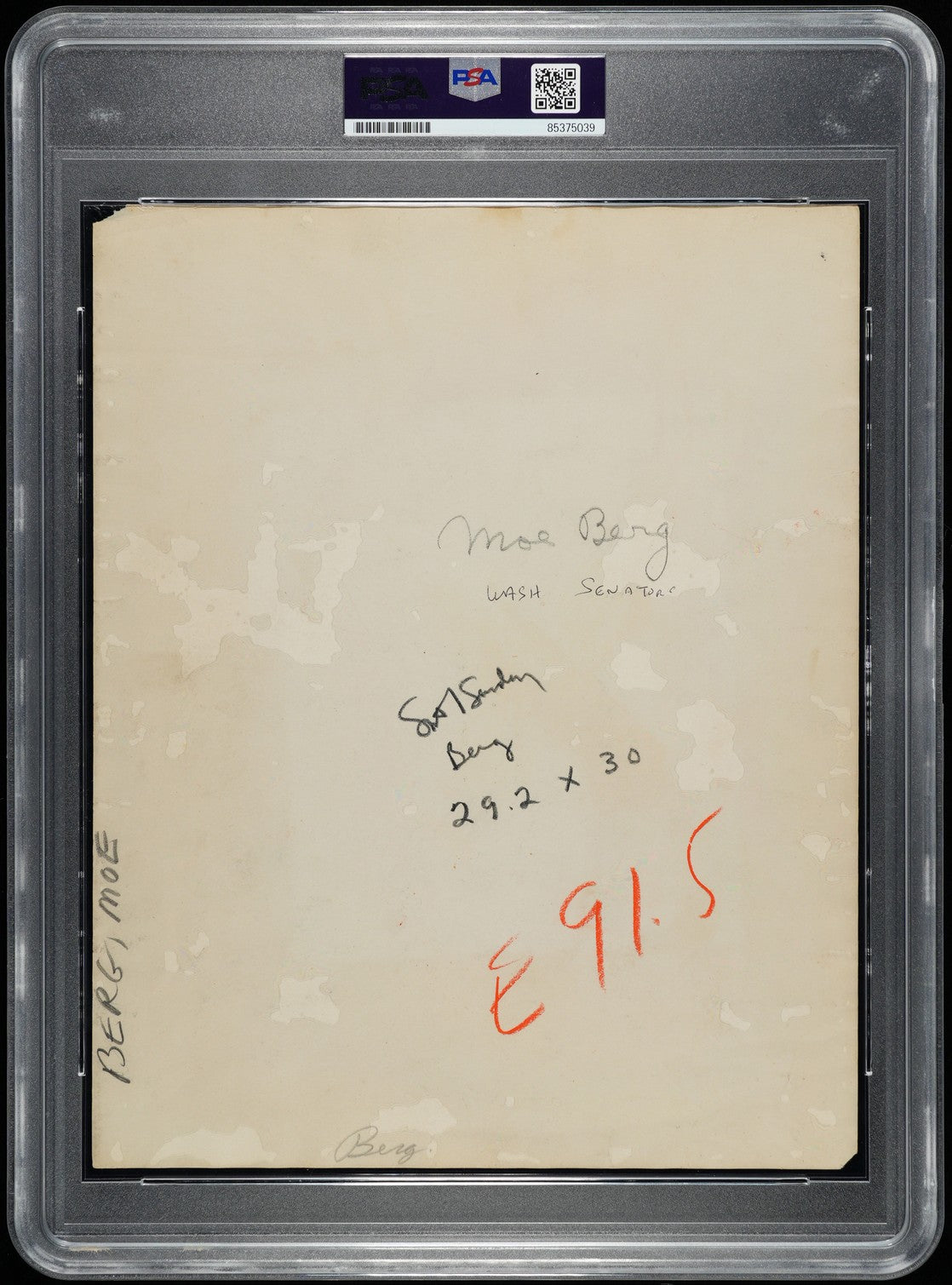 MOE BERG 1932-34 Washington Senators Catcher & WW II Spy Original TYPE I Photo PSA/DNA