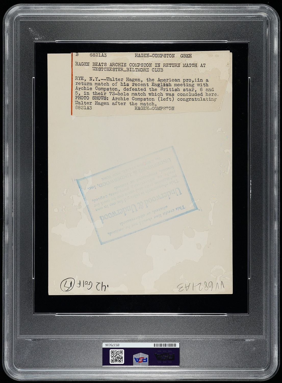 1928 Walter Hagen Golf Legend Defeats Archie Compston in 72 Hole Match Original TYPE I Photo PSA/DNA