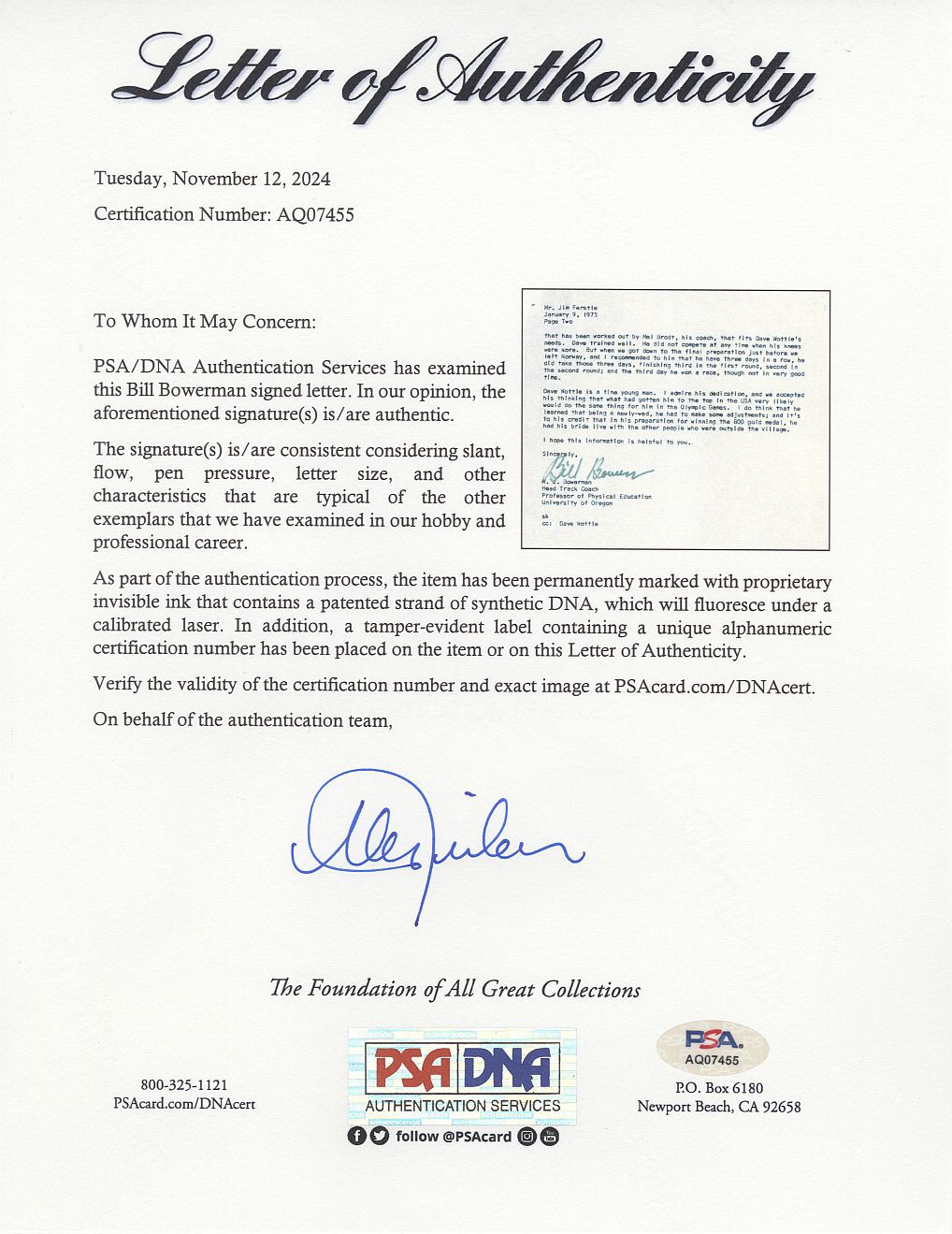 Bill Bowerman Co-Founder of Nike & Legendary Oregon Track Coach - Steve Prefontaine Signed AUTO 2 Page Letter about Olympic Gold Medalist - Dave Wottle PSA/DNA LOA