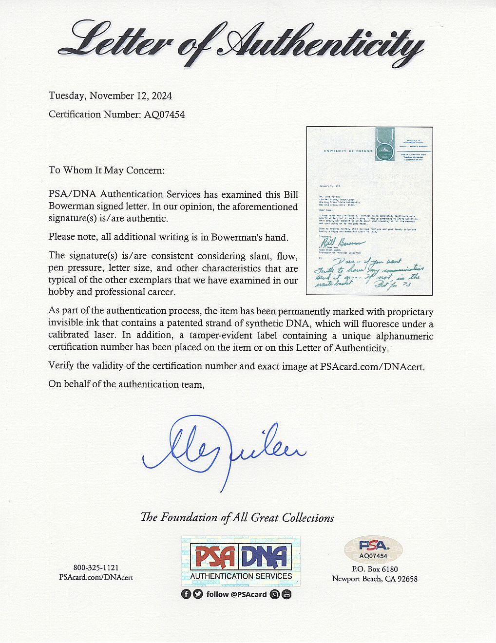 Bill Bowerman Co-Founder of Nike & Legendary Oregon Track Coach - Steve Prefontaine Signed AUTO Letter to Olympic Gold Medalist - Dave Wottle PSA/DNA LOA