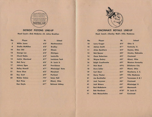October 16, 1961 Detroit Pistons Cincinnati Royals Scorecard Program 1350 fans Big O Triple Double