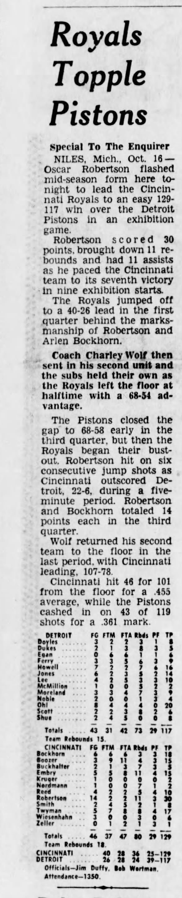 October 16, 1961 Detroit Pistons Cincinnati Royals Scorecard Program 1350 fans Big O Triple Double