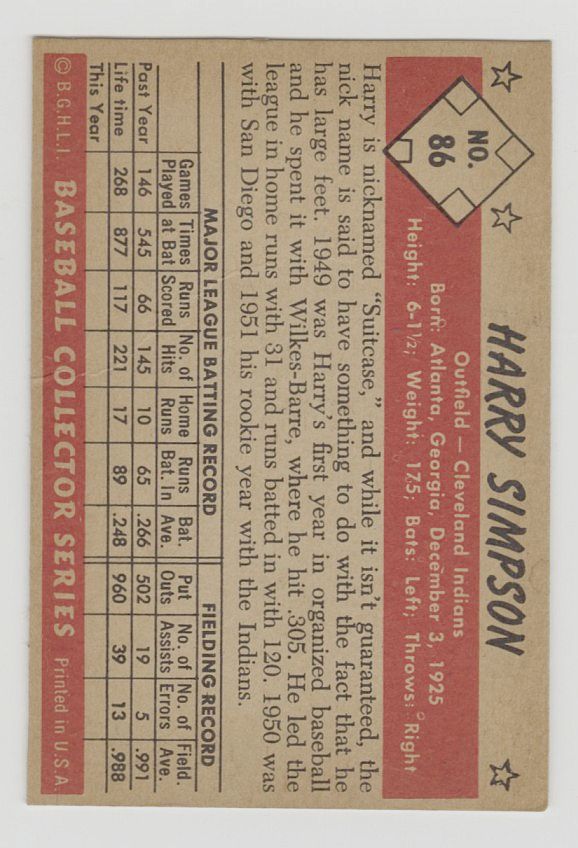 1953 Bowman Color #86 Harry Suitcase Simpson Signed AUTO Baseball Card