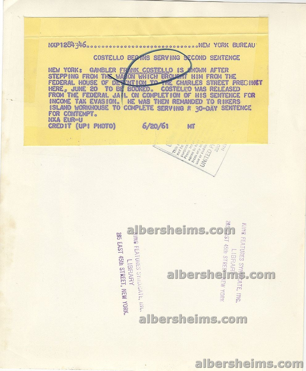 Frank Costello Mafia Mob Boss Headed to Prison - Rikers Island Original TYPE I Photo