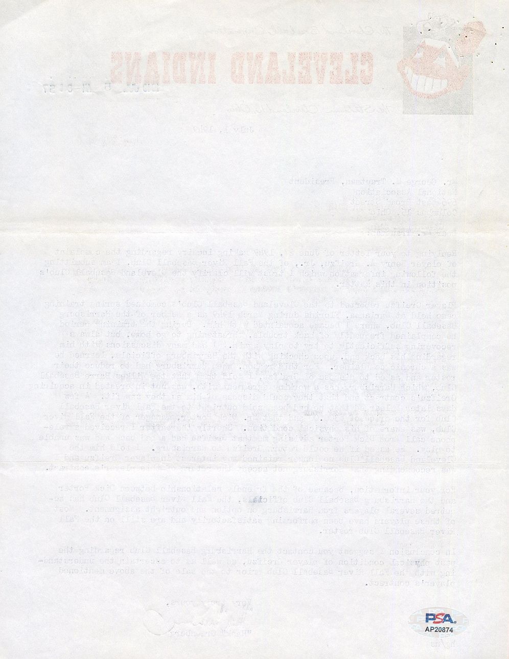 Hank Greenberg Signed AUTO letter on Indians letterhead Baseball HOF PSA/DNA