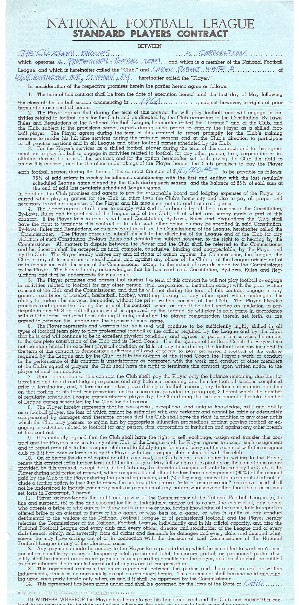 Austin Gunsel - The RAREST NFL Commissioner autograph signed NFL football Contract for Ohio State Heisman Trophy Finalist - Bob White