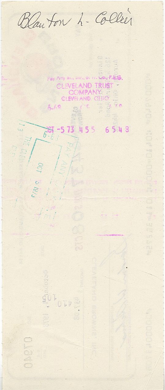Blanton Collier Signed AUTO 1973 Cleveland Browns Payroll Check Head Coach of 1964 NFL Championship Team