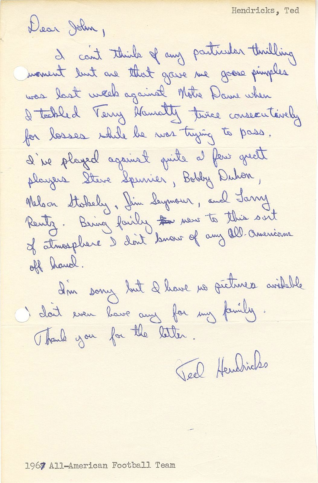 Ted Hendricks Signed AUTO handwritten letter Pre-Rookie Miami Hurricanes College & Pro Football HOF