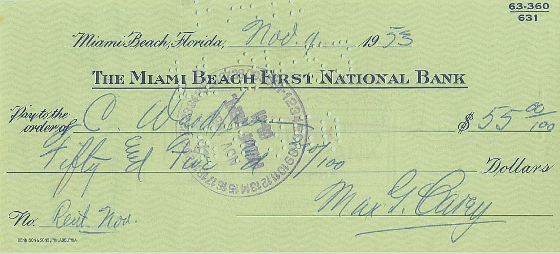 Max Carey Signed AUTO personal check Pittsburgh Pirates Brooklyn Dodgers Baseball HOF