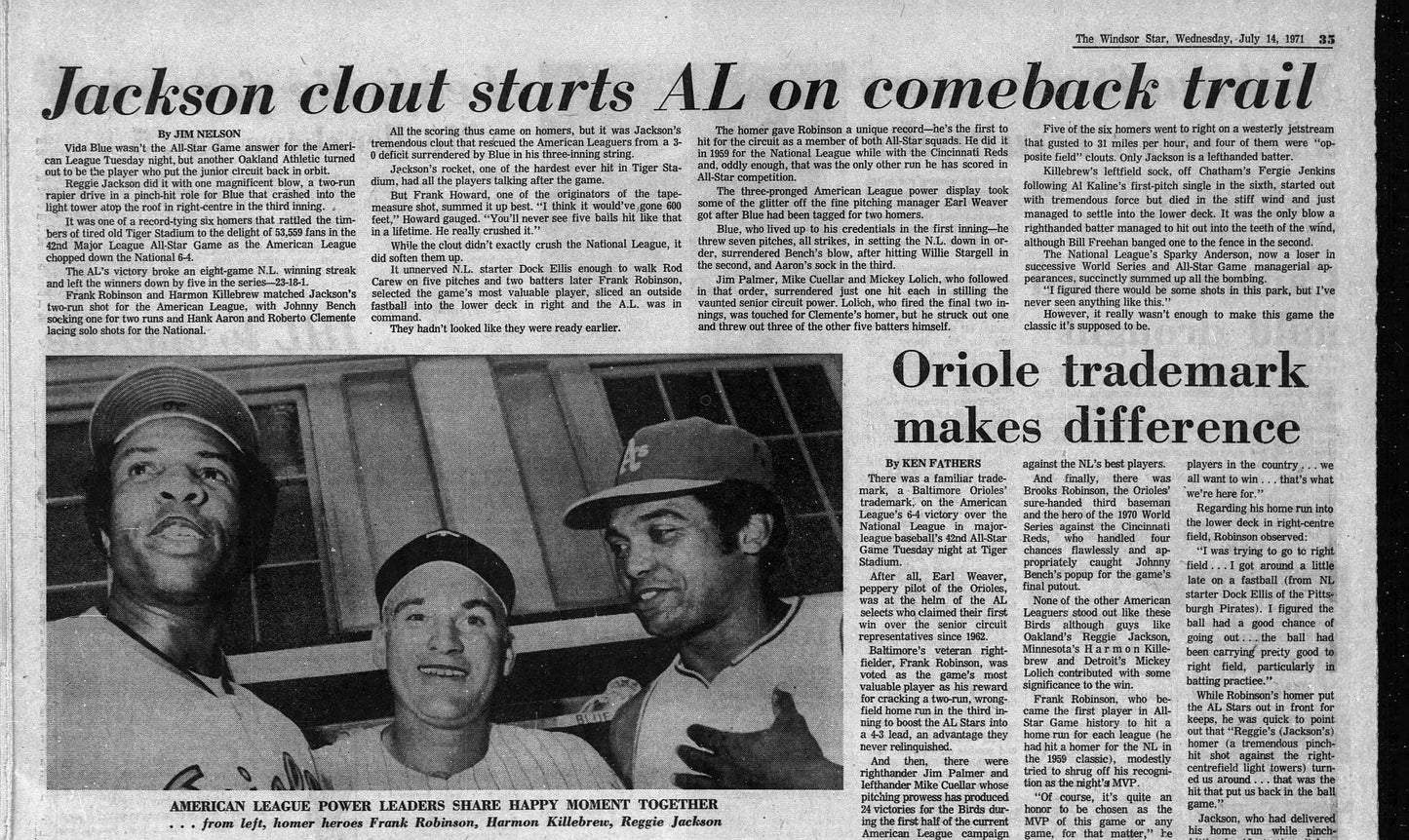 Heroes of the 1971 Major League Baseball All-Star Game - Reggie Jackson Harmon Killebrew and Frank Robinson Original Press Photo