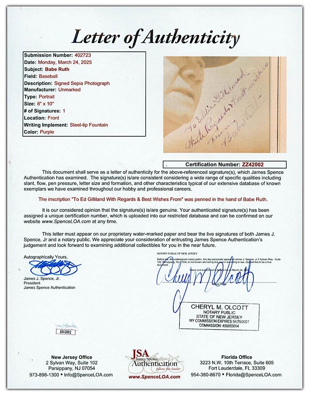 1942 Babe Ruth Original TYPE 1 Photo from Pride of the Yankees Signed AUTO & Personalized to St. Louis Browns GM - Ed Gilliland - JSA LOA