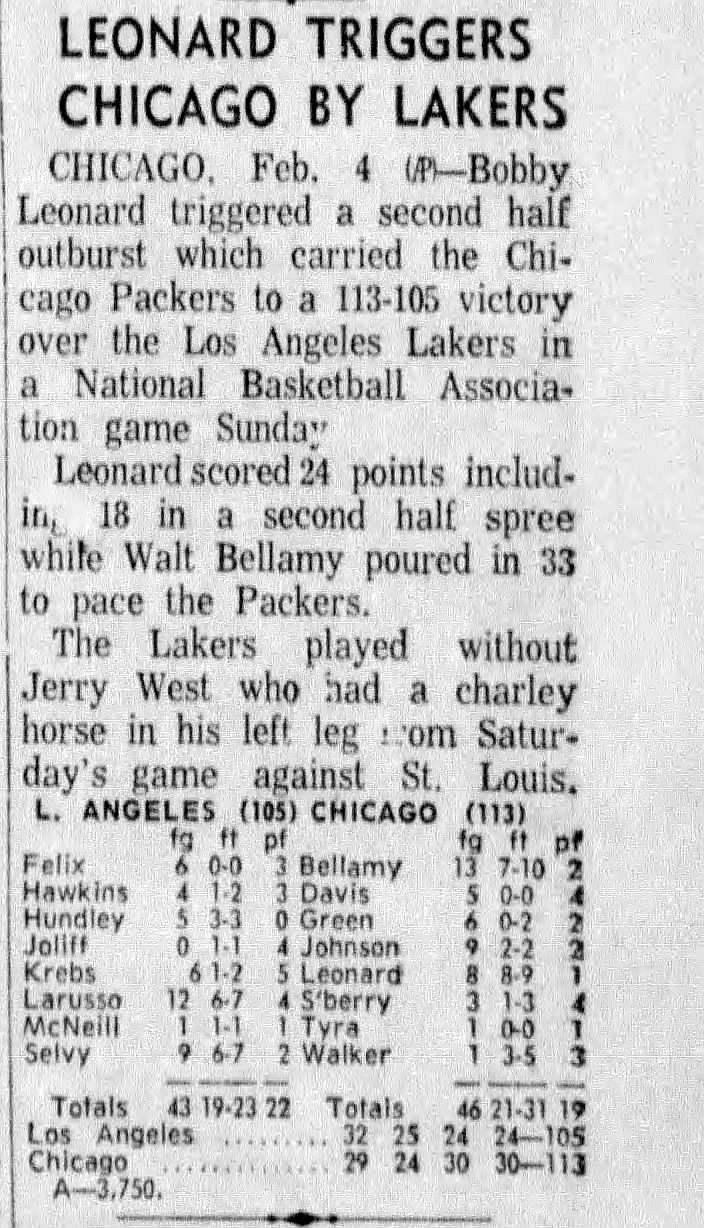 February 4, 1962 - Chicago Packers vs. Lakers FULL TICKET - Walt Bellamy 33 PTS