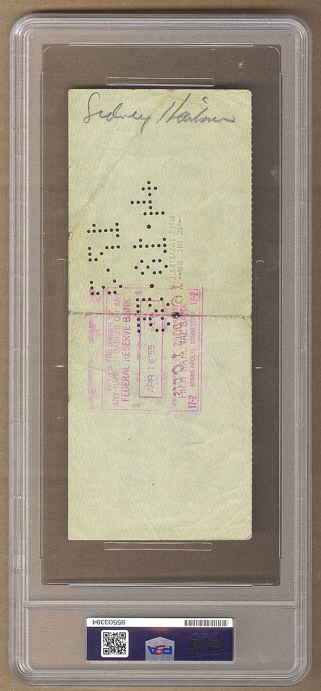 Ben Berger Owner & Sid Hartman GM Minneapolis Lakers 1955 Signed AUTO payroll check PSA/DNA