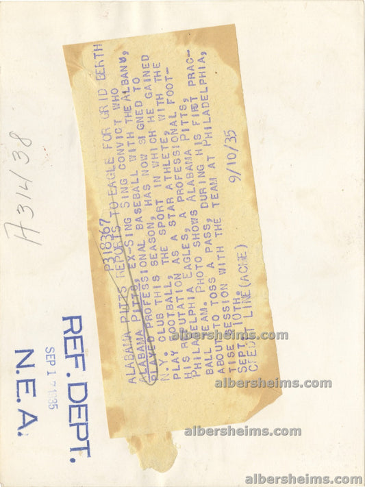 1935 Alabama Pitts Criminal Convict & 2 Sport Professional Athlete Reports to the Philadelphia Eagles Original TYPE I Photo
