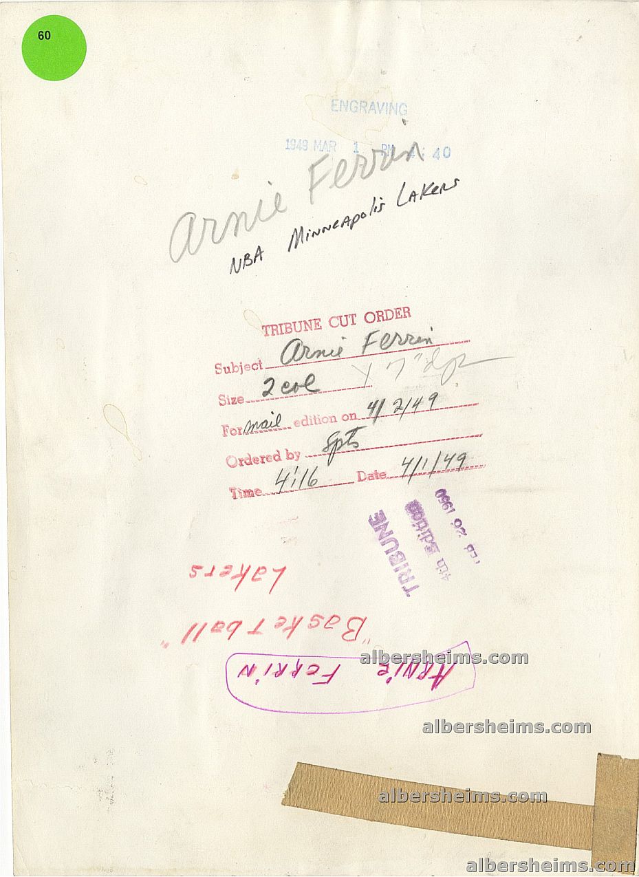 1949 Rookie Minneapolis Lakers Basketball Star Arnie Ferrin Original Type I photo