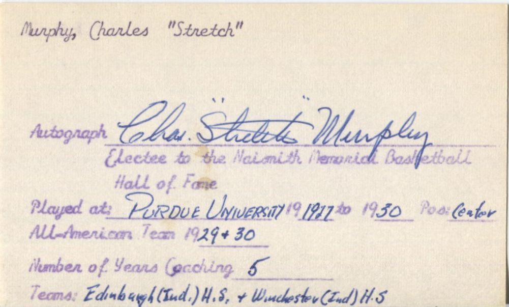 Charles Stretch Murphy signed 3x5 card Document Basketball HOF