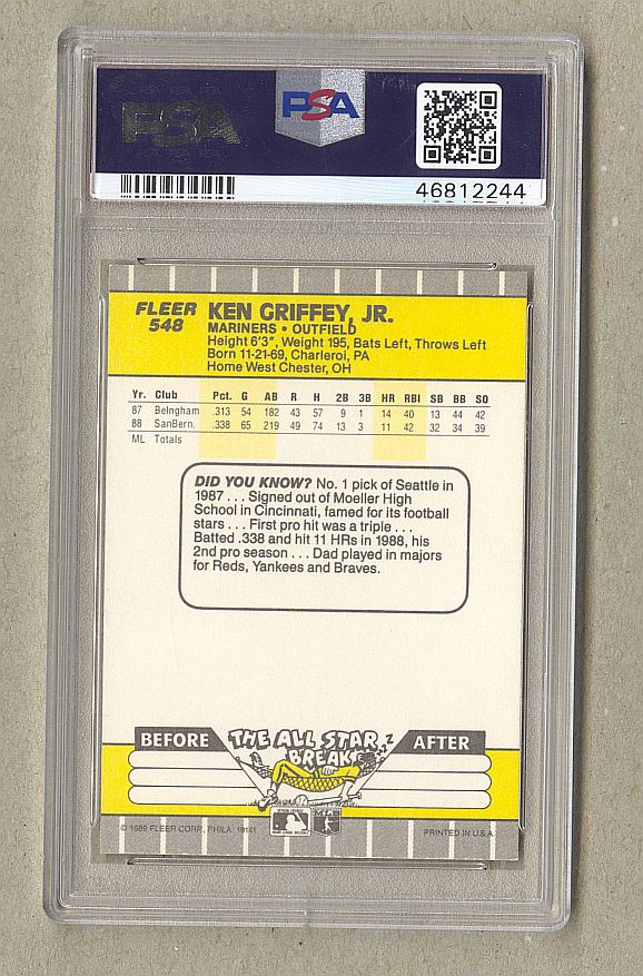 1989 FLEER #548 KEN GRIFFEY JR. RC MARINERS HOF PSA 8 DNA AUTO 10