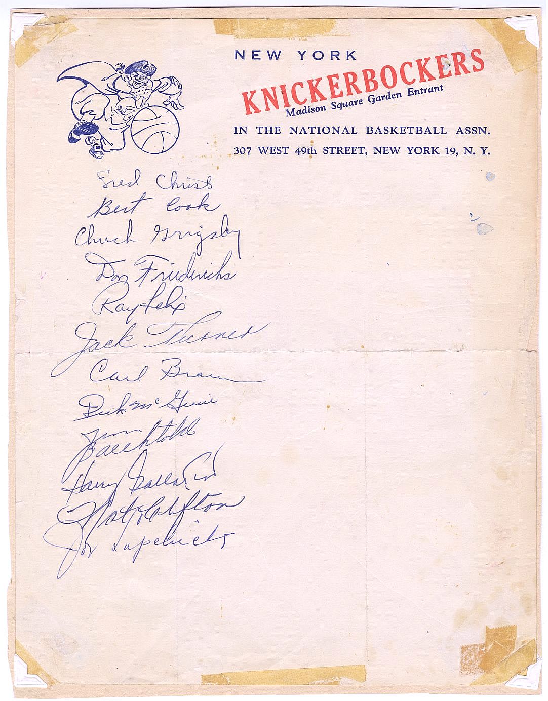 1954-55 NY Knicks Basketball Signed Team Sheet /w 12 AUTOS - Sweetwater Clifton - Carl Braun