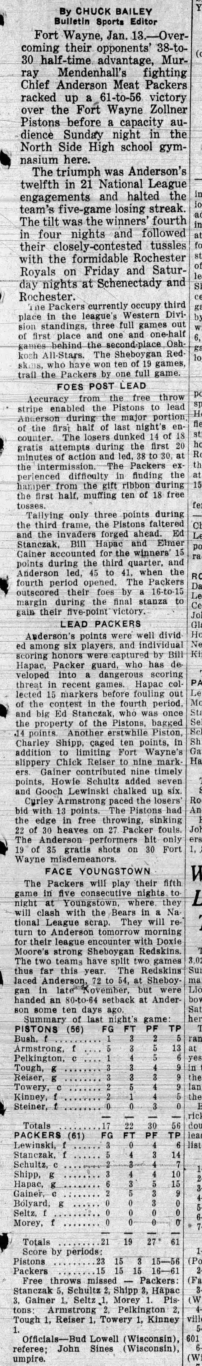 1946-47 Ft. Wayne Zollner Pistons vs. Anderson Packers FIRST YEAR NBA Program