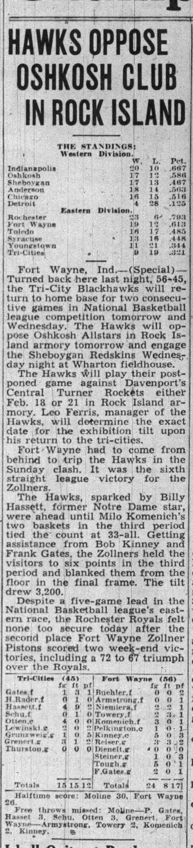 1946-47 Ft. Wayne Zollner Pistons vs. Tri-City Blackhawks FIRST YEAR NBA Program