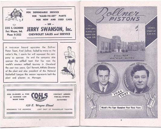 1946-47 Ft. Wayne Zollner Pistons vs. Rochester Royals FIRST YEAR NBA Program