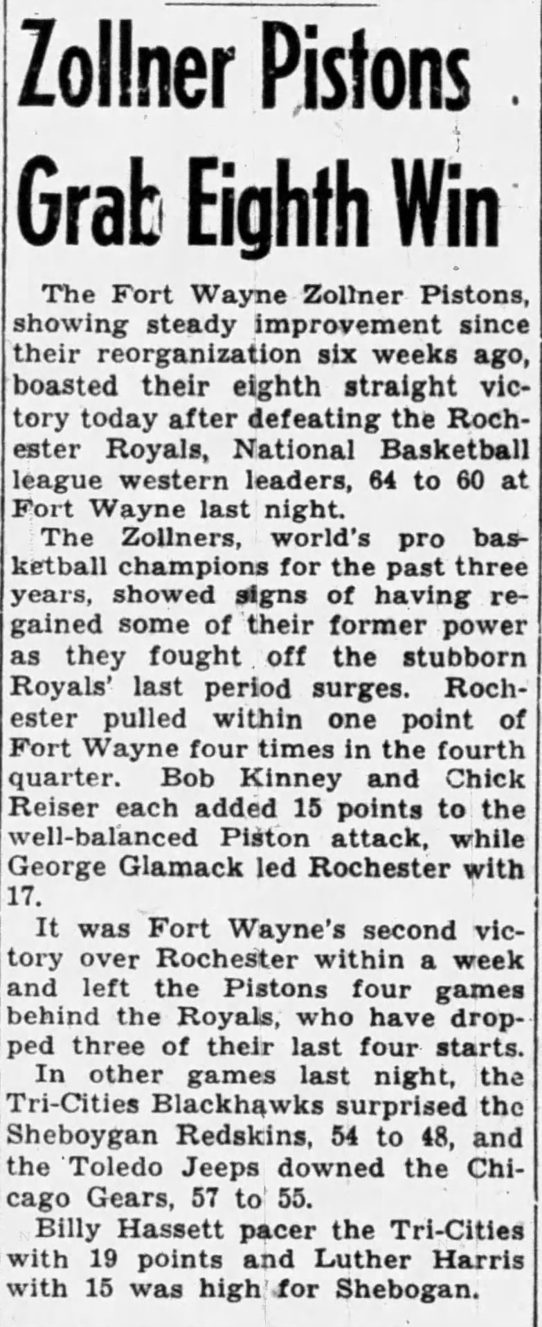 1946-47 Ft. Wayne Zollner Pistons vs. Rochester Royals FIRST YEAR NBA Program