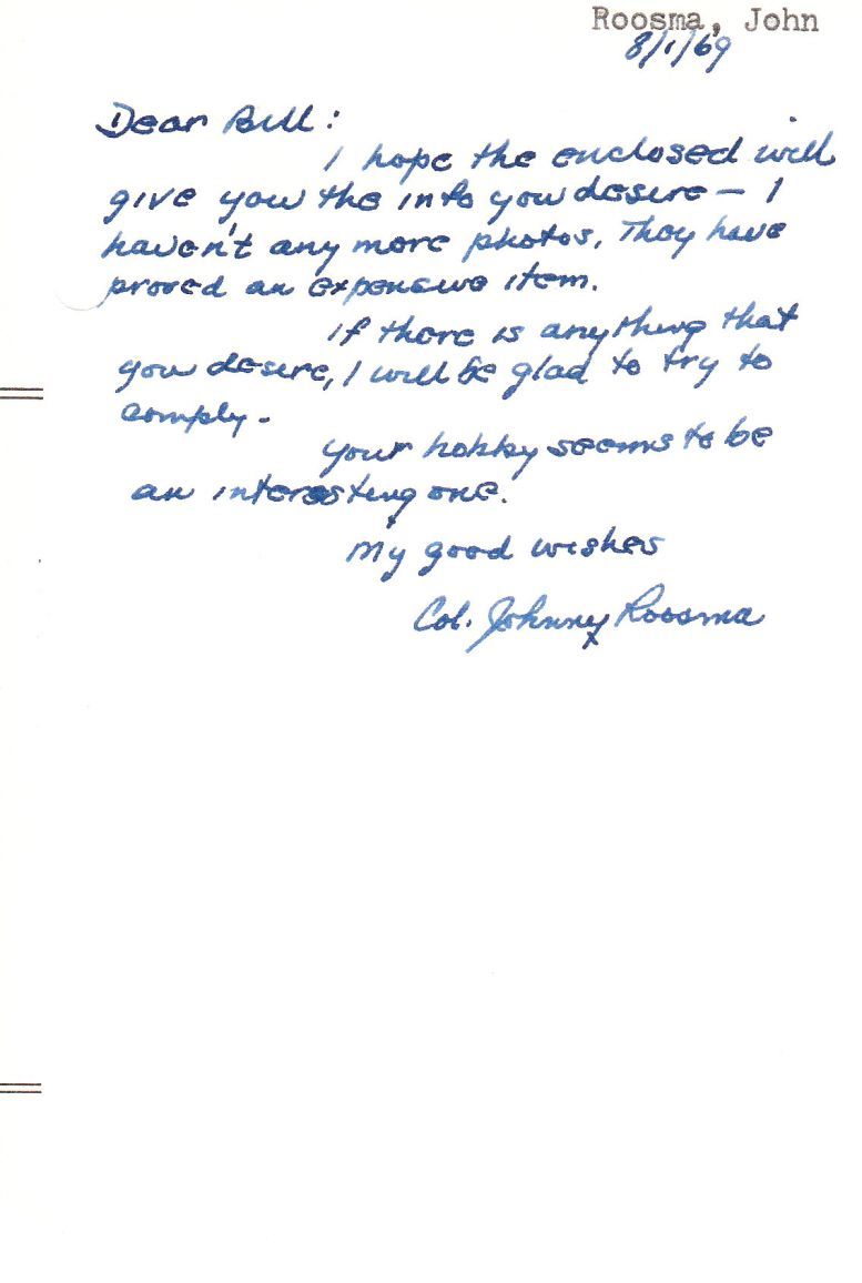Johnny Roosma Basketball HOF signed letter