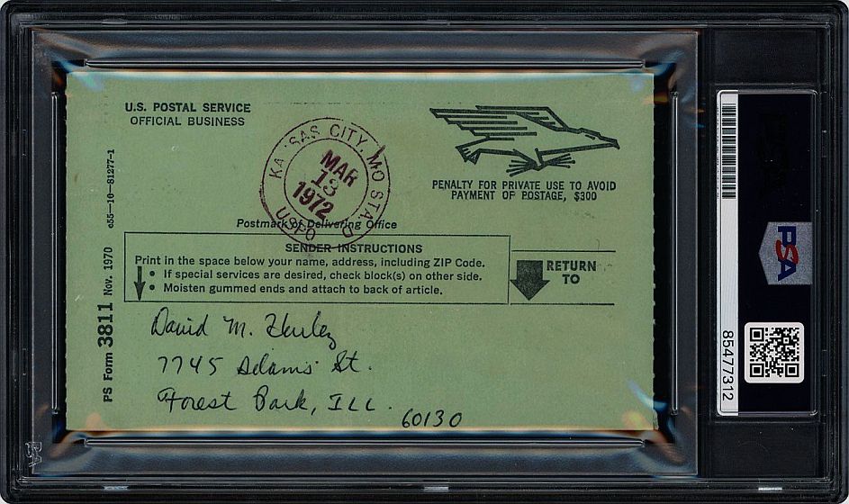 Satchel Paige Signed AUTO Postal Return Receipt Document with Legal Name PSA/DNA AUTO GRADE 10
