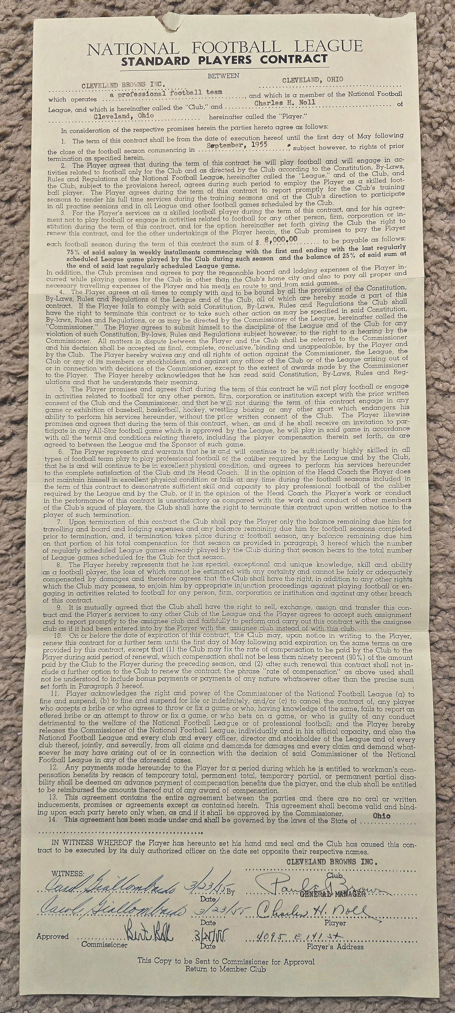 Chuck Noll - Bert Bell & Paul Brown Signed AUTO 1955 NFL Cleveland Browns Contract